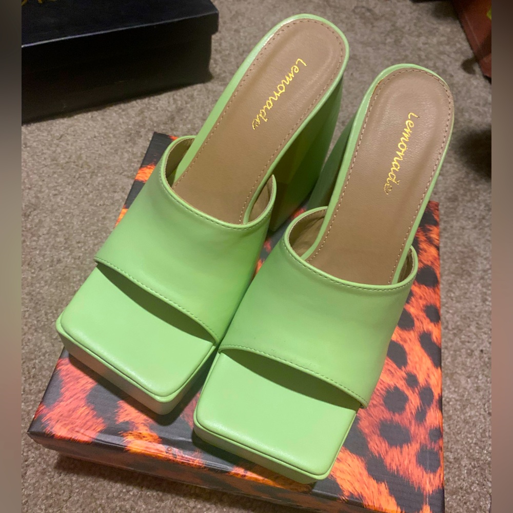 Green Platform slanted block heels